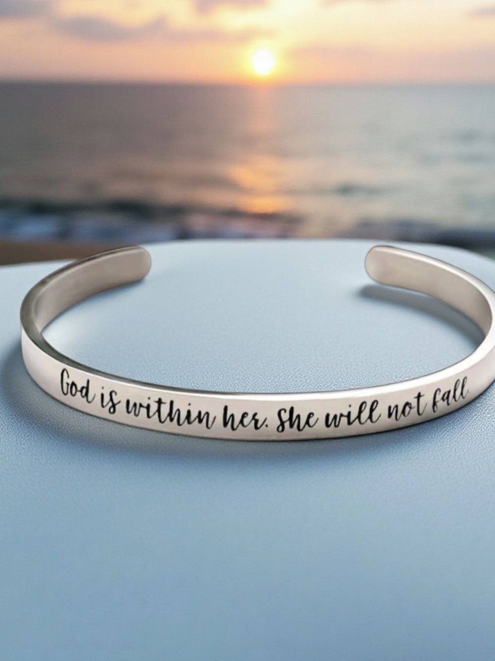 Inspirational Silver Cuff Bracelet - "God is within her"